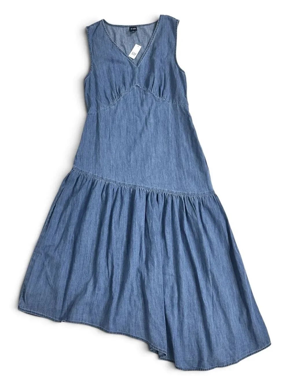 GAP NWT Chambray Denim Asymmetrical Midi Dress V-Neck Blue L Coastal Prairie